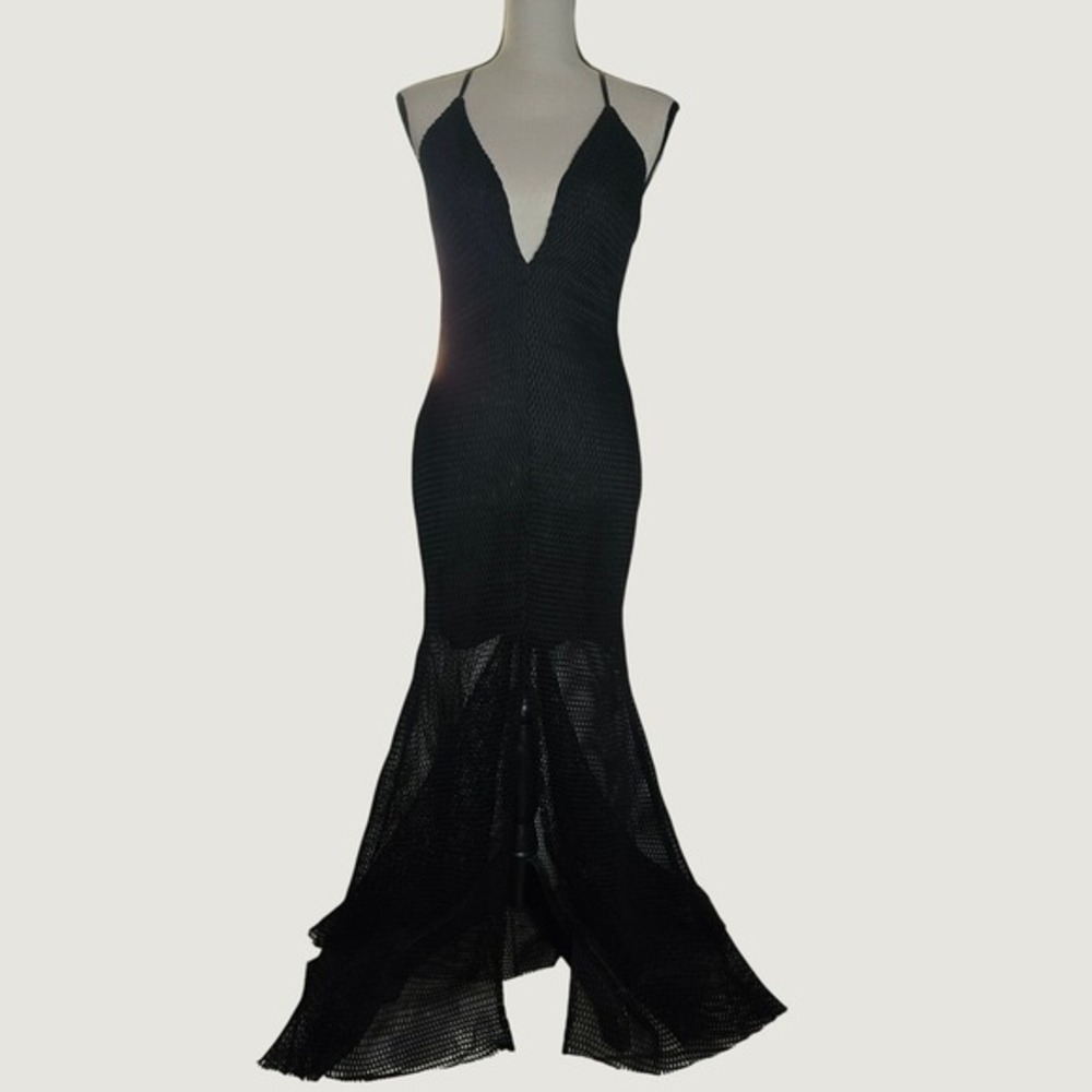 CQ by CQ Black Mesh Mermaid Maxi Dress Open Back Plunge Neck Size M - Picture 2 of 9